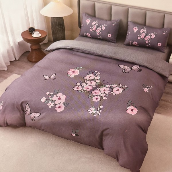 Lenjerie pat dublu, FINET, Imprimeu Digital 5D - Identic cu poza, Cu ELASTIC, 4 piese, Gri, Fluturi si Flori [1]