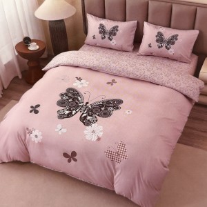 Lenjerie pat dublu, FINET, Imprimeu Digital 5D - Identic cu poza, Cu ELASTIC, 4 piese, Roz, Fluturi