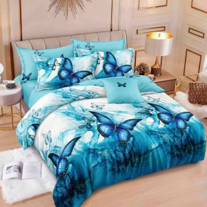 Lenjerie pat dublu (140x200cm, 160x200cm, 180x200cm),  FINET, 6 piese, Alb, Bleu, fluturi