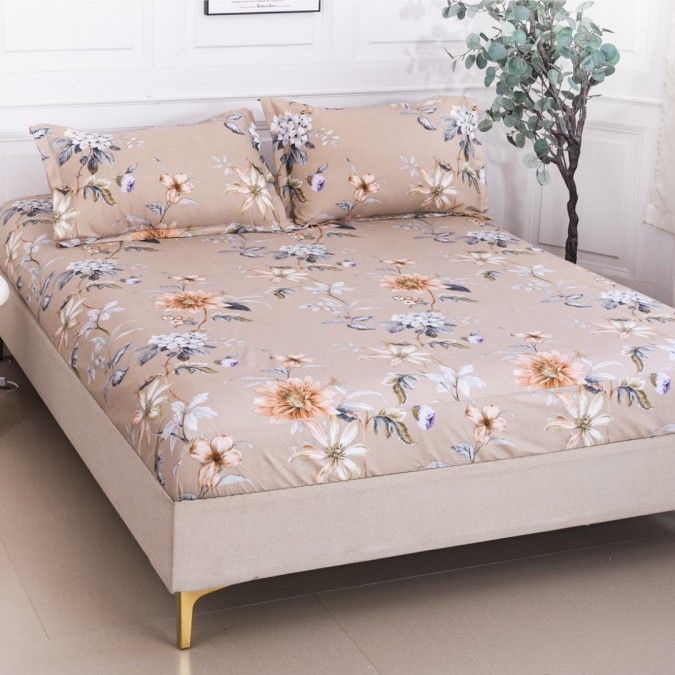 Cearșaf cu Elastic 180x200 cm + 2 Fețe de Pernă 50x70 cm – Bumbac Satinat Premium Bej Flori