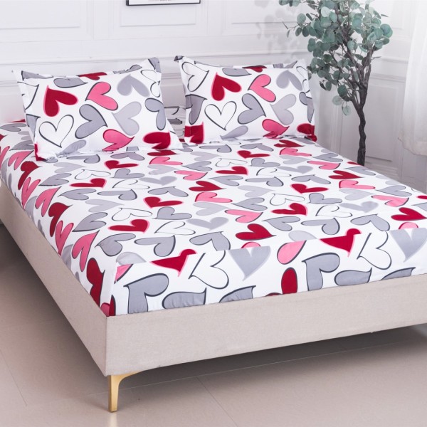 Cearsaf cu Elastic 180x200 cm + 2 Fete de Perna 50x70 cm, Alb, Inimioare Roz si Gri [1]