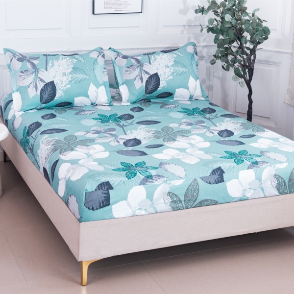 Cearsaf cu Elastic 180x200 cm + 2 Fete de Perna 50x70 cm, Bleu, Frunze Albe si Bleumarin [1]