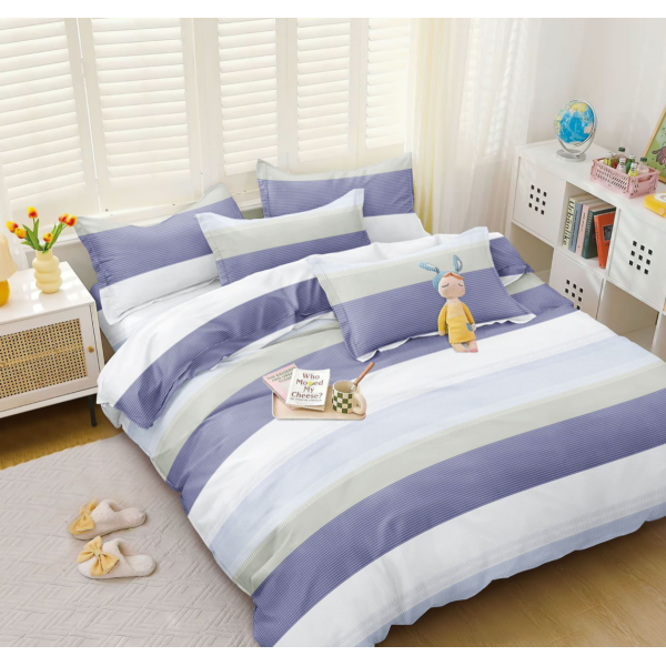 Lenjerie pat dublu cu Elastic (160x200cm si 180x200cm), bumbac satinat, Bleu, dungi [1]