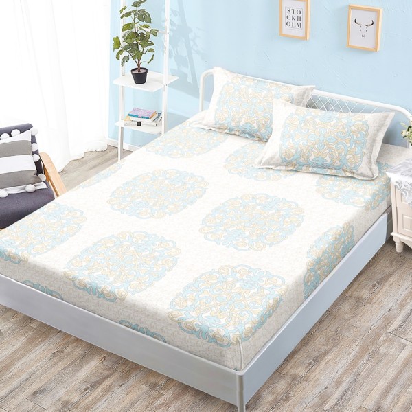 Cearsaf cu elastic, Bumbac FINET, 160x200cm, 2 fete de perne 50x70cm, Bej, Bleu, Model Clasic [1]