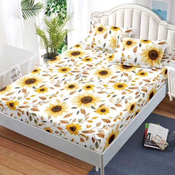 Cearșaf cu Elastic, Bumbac Satinat, 180x200 cm + 2 Fețe de Pernă 50x70 cm, Crem, flori [1]