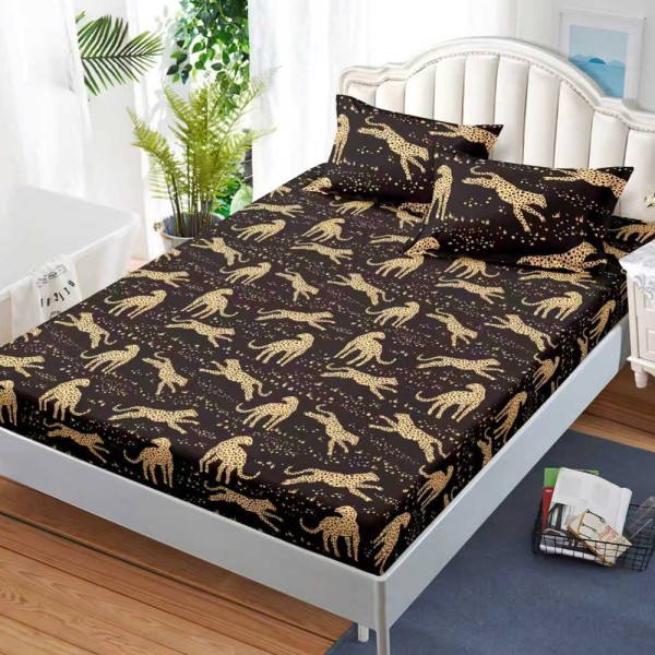 Cearșaf cu Elastic, Bumbac Satinat, 180x200 cm + 2 Fețe de Pernă 50x70 cm, Negru, leoparzi [1]