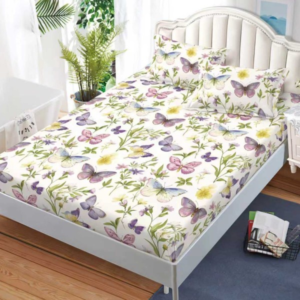 Cearșaf cu Elastic, Bumbac Satinat, 180x200 cm + 2 Fețe de Pernă 50x70 cm, Crem, fluturi [1]