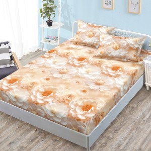 Cearșaf cu Elastic, Bumbac Satinat, 180x200 cm + 2 Fețe de Pernă 50x70 cm, Crem, flori