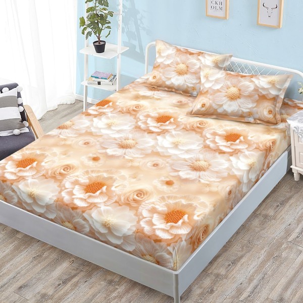 Cearșaf cu Elastic, Bumbac Satinat, 180x200 cm + 2 Fețe de Pernă 50x70 cm, Crem, flori [1]