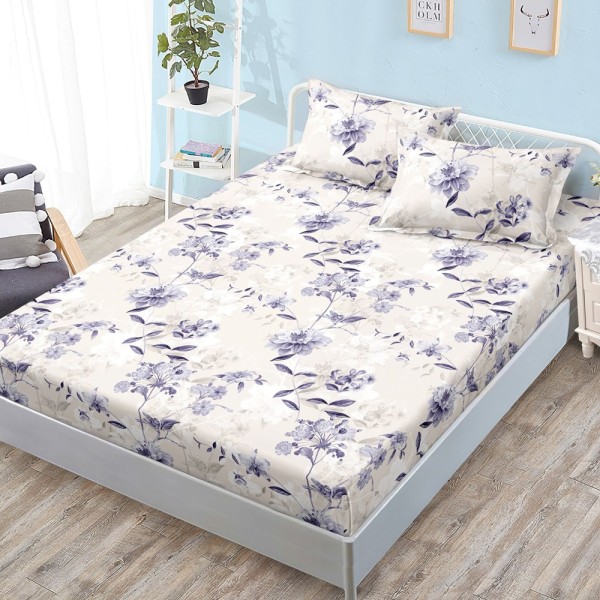 Cearșaf cu Elastic, Bumbac Satinat, 180x200 cm + 2 Fețe de Pernă 50x70 cm, Crem, flori [1]