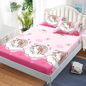 Cearșaf cu Elastic, Bumbac Satinat, 180x200 cm + 2 Fețe de Pernă 50x70 cm, Roz, unicorni