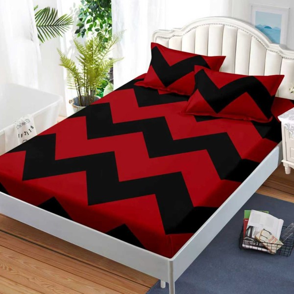 Cearșaf cu Elastic, Bumbac Satinat, 180x200 cm + 2 Fețe de Pernă 50x70 cm, Rosu, Negru, zig-zag [1]