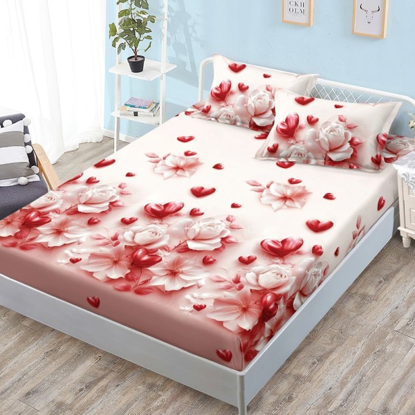 Cearșaf cu Elastic, Bumbac Satinat, 180x200 cm + 2 Fețe de Pernă 50x70 cm, Rosu, inimioare si flori [1]