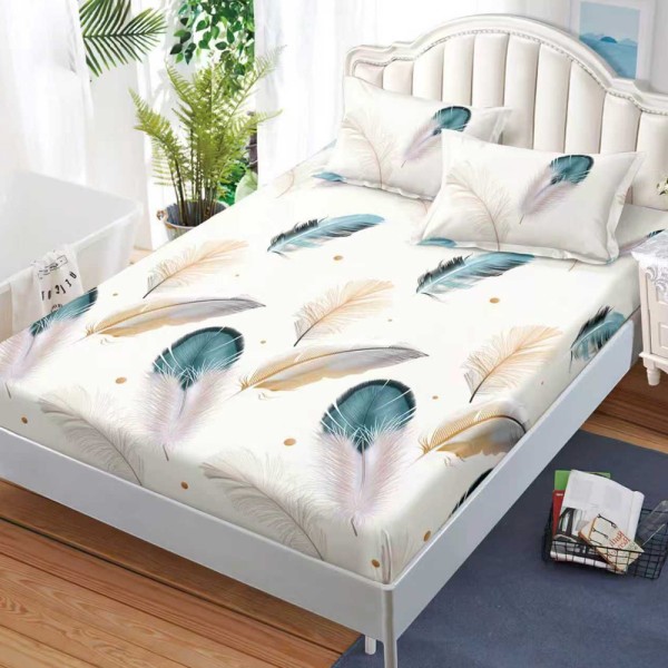 Cearșaf cu Elastic, Bumbac Satinat, 180x200 cm + 2 Fețe de Pernă 50x70 cm, Crem, pene [1]