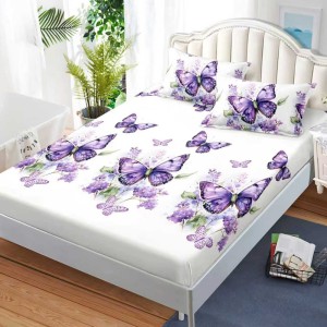 Cearșaf cu Elastic, Bumbac Satinat, 180x200 cm + 2 Fețe de Pernă 50x70 cm, Alb, fluturi mov Cearșaf cu Elastic, Bumbac Satinat, 180x200 cm + 2 Fețe de Pernă 50x70 cm, Alb, fluturi mov