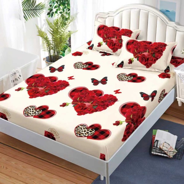 Cearșaf cu Elastic, Bumbac Satinat, 180x200 cm + 2 Fețe de Pernă 50x70 cm, Crem, inimioare rosii [1]