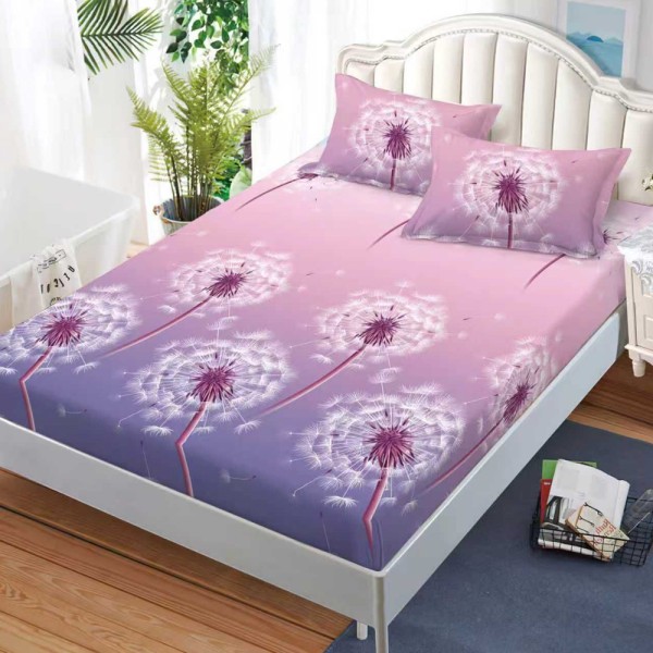 Cearșaf cu Elastic, Bumbac Satinat, 180x200 cm + 2 Fețe de Pernă 50x70 cm, Roz, papadii [1]