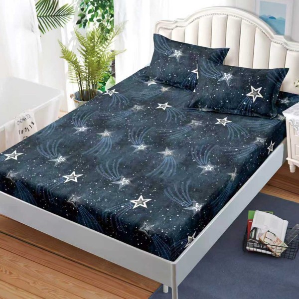 Cearșaf cu Elastic, Bumbac Satinat, 180x200 cm + 2 Fețe de Pernă 50x70 cm, Bleumarin, stelute [1]