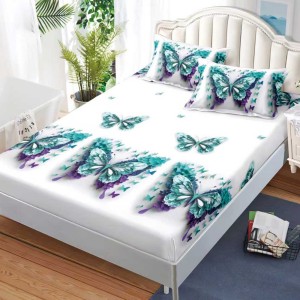 Cearșaf cu Elastic, Bumbac Satinat, 180x200 cm + 2 Fețe de Pernă 50x70 cm, Alb, fluturi turcuaz Cearșaf cu Elastic, Bumbac Satinat, 180x200 cm + 2 Fețe de Pernă 50x70 cm, Alb, fluturi turcuaz