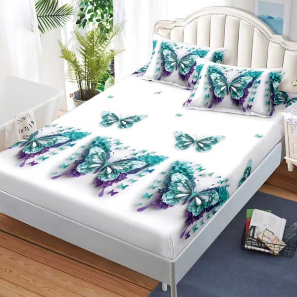 Cearșaf cu Elastic, Bumbac Satinat, 180x200 cm + 2 Fețe de Pernă 50x70 cm, Alb, fluturi turcuaz [1]