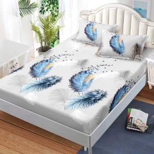 Cearșaf cu Elastic, Bumbac Satinat, 180x200 cm + 2 Fețe de Pernă 50x70 cm, Gri, pene albastre Cearșaf cu Elastic, Bumbac Satinat, 180x200 cm + 2 Fețe de Pernă 50x70 cm, Gri, pene albastre