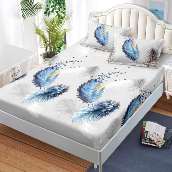 Cearșaf cu Elastic, Bumbac Satinat, 180x200 cm + 2 Fețe de Pernă 50x70 cm, Gri, pene albastre [1]