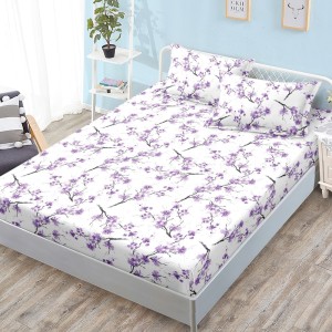 Cearșaf cu Elastic, Bumbac Satinat, 180x200 cm + 2 Fețe de Pernă 50x70 cm, Alb, floricele mov Cearșaf cu Elastic, Bumbac Satinat, 180x200 cm + 2 Fețe de Pernă 50x70 cm, Alb, floricele mov