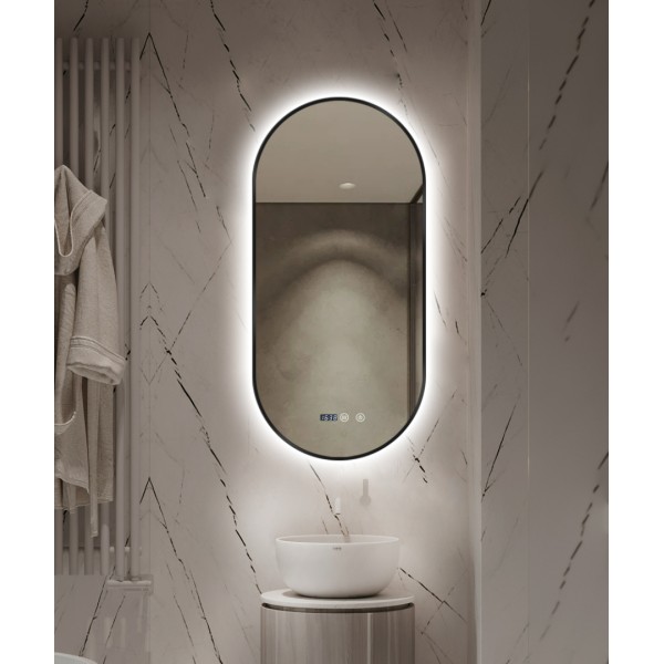 Oglinda LED Ovala 50x100cm Rama Neagra, 3 Lumini, Ceas, Dezaburire si Touch J180-50100 [1]