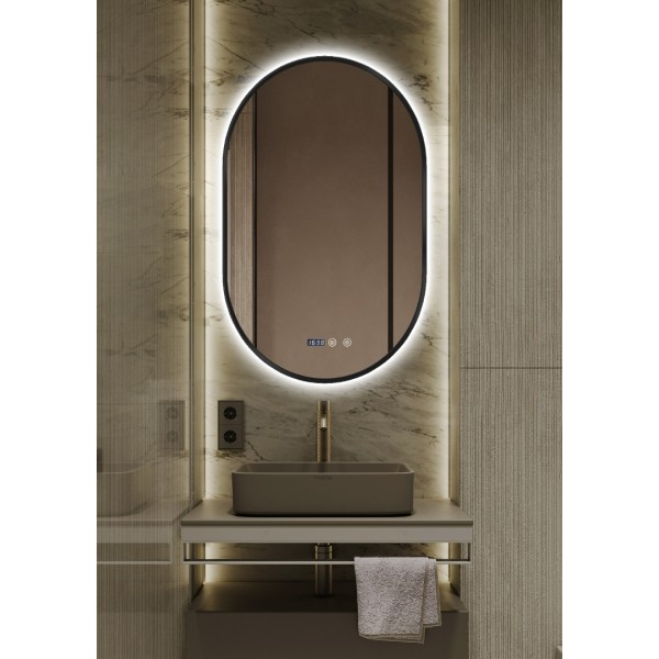 Oglinda LED Ovala 50x80cm Rama Neagra, 3 Lumini, Ceas, Dezaburire si Touch J180 [1]