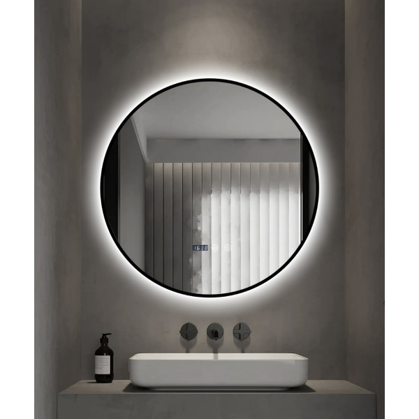 Oglindă Baie LED și Dezaburire, Ceas, Senzor Touch, Lumina Rece, Caldă și Neutră, 60 cm, Rama Negru, J181-6060 [1]