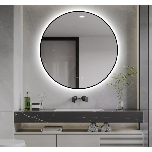Oglindă Baie LED și Dezaburire, Ceas, Senzor Touch, Lumina Rece, Caldă și Neutră, 90 cm, Rama Negru, J181-9090 [1]
