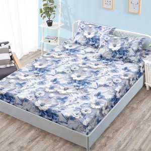 Cearșaf cu Elastic, Bumbac Satinat, 180x200 cm + 2 Fețe de Pernă 50x70 cm, Albastru, flori Cearșaf cu Elastic, Bumbac Satinat, 180x200 cm + 2 Fețe de Pernă 50x70 cm, Albastru, flori