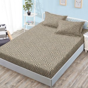 Cearșaf cu Elastic, Bumbac Satinat, 180x200 cm + 2 Fețe de Pernă 50x70 cm, Bej, dungi Cearșaf cu Elastic, Bumbac Satinat, 180x200 cm + 2 Fețe de Pernă 50x70 cm, Bej, dungi