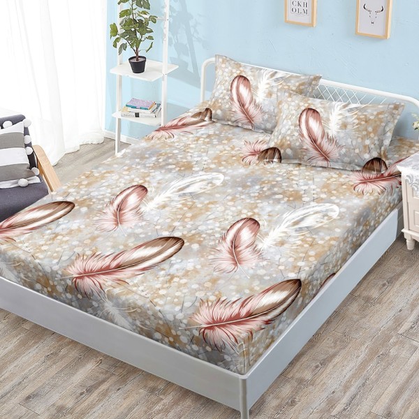 Cearșaf cu Elastic, Bumbac Satinat, 180x200 cm + 2 Fețe de Pernă 50x70 cm, Bej, pene [1]