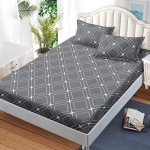 Cearșaf cu Elastic, Bumbac Satinat, 180x200 cm + 2 Fețe de Pernă 50x70 cm, Gri, romburi Cearșaf cu Elastic, Bumbac Satinat, 180x200 cm + 2 Fețe de Pernă 50x70 cm, Gri, romburi