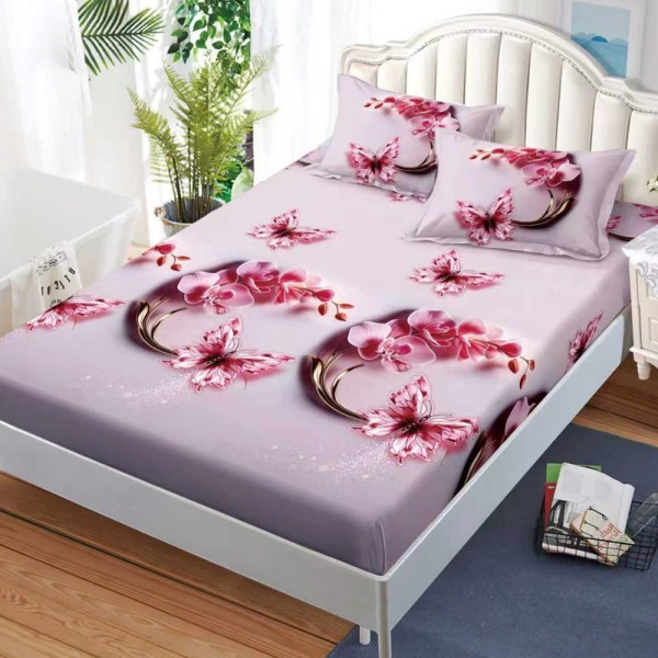 Cearșaf cu Elastic, Bumbac Satinat, 180x200 cm + 2 Fețe de Pernă 50x70 cm, Roz, flori si fluturi [1]