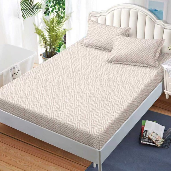 Cearșaf cu Elastic, Bumbac Satinat, 180x200 cm + 2 Fețe de Pernă 50x70 cm, Crem, carouri [1]