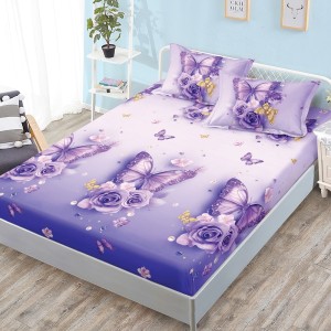 Cearșaf cu Elastic, Bumbac Satinat, 180x200 cm + 2 Fețe de Pernă 50x70 cm, Mov, fluturi si trandafiri