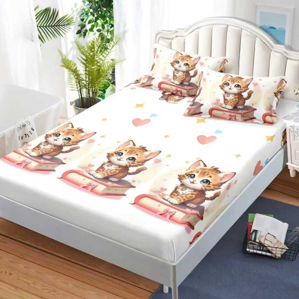 Cearșaf cu Elastic, Bumbac Satinat, 180x200 cm + 2 Fețe de Pernă 50x70 cm, Crem, pisicute [1]