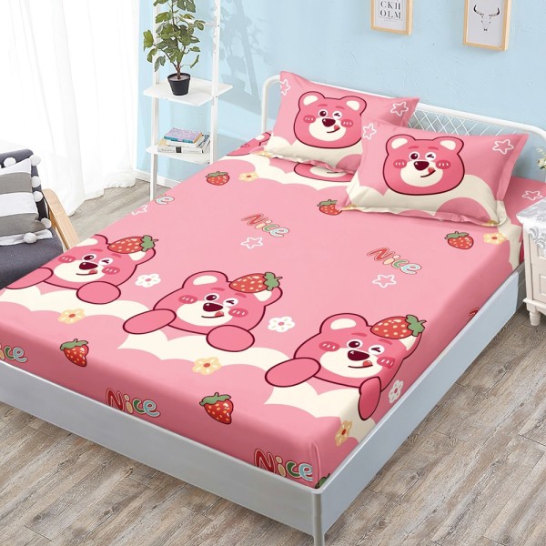 Cearșaf cu Elastic, Bumbac Satinat, 180x200 cm + 2 Fețe de Pernă 50x70 cm, Roz, ursuleti [1]