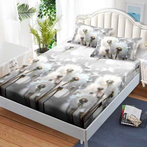 Cearșaf cu Elastic, Bumbac Satinat, 180x200 cm + 2 Fețe de Pernă 50x70 cm, Gri, papadii [1]