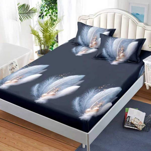 Cearșaf cu Elastic, Bumbac Satinat, 180x200 cm + 2 Fețe de Pernă 50x70 cm, Albastru, pene [1]