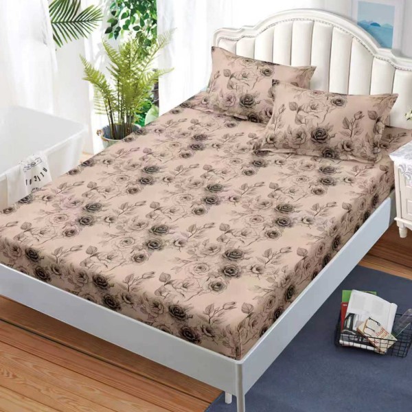 Cearșaf cu Elastic, Bumbac Satinat, 180x200 cm + 2 Fețe de Pernă 50x70 cm, Bej, trandafiri [1]