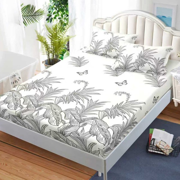 Cearșaf cu Elastic, Bumbac Satinat, 180x200 cm + 2 Fețe de Pernă 50x70 cm, Crem, frunze [1]