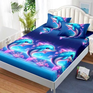 Cearșaf cu Elastic, Bumbac Satinat, 180x200 cm + 2 Fețe de Pernă 50x70 cm, Albastru, delfini