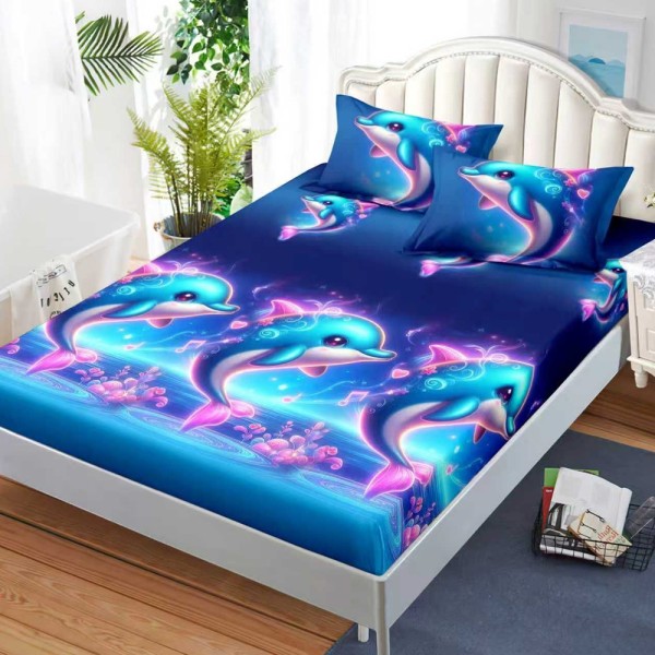 Cearșaf cu Elastic, Bumbac Satinat, 180x200 cm + 2 Fețe de Pernă 50x70 cm, Albastru, delfini [1]