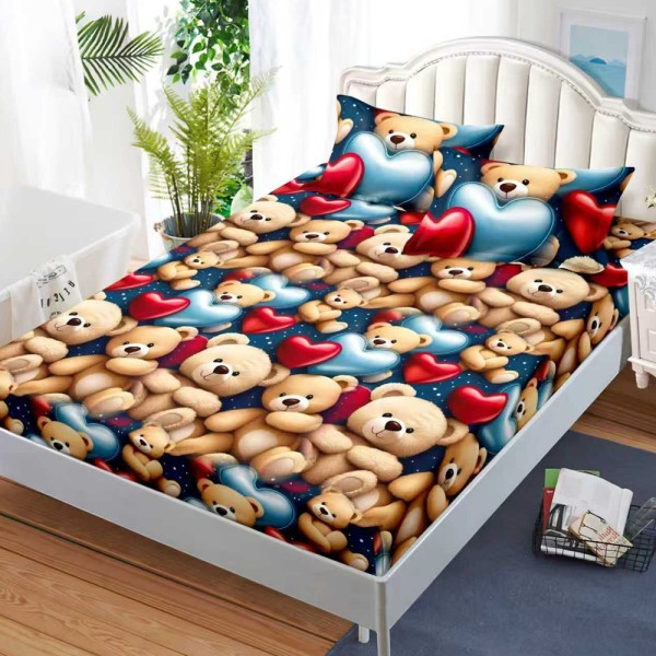 Cearșaf cu Elastic, Bumbac Satinat, 180x200 cm + 2 Fețe de Pernă 50x70 cm, Maro, ursuleti [1]