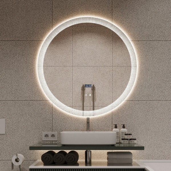 Oglindă Baie LED și Dezaburire, Ceas, Senzor Touch, Lumina Rece, Caldă și Neutră, 70x70cm Rama LED, Controlul Cu Degetele, J186 [1]