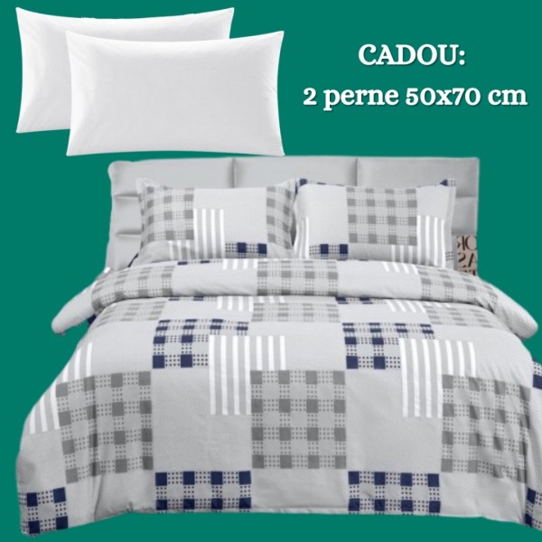 Lenjerie de Pat 4 Piese din Bumbac Satinat cu Cearsaf cu Elastic + 2 Perne Cadou 50x70 cm, cod INS-LSG167 [1]