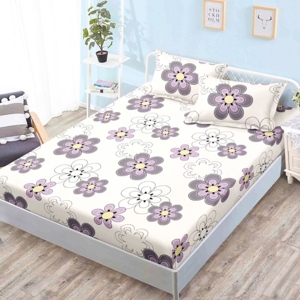 Cearsaf cu elastic, Bumbac FINET, 160x200cm, 2 fete de perne 50x70cm, Crem, Flori [1]